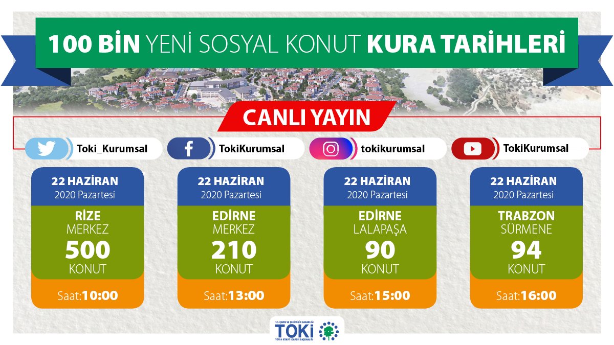 Toki_Kurumsal's tweet photo. 🏡100 Bin Yeni Sosyal Konut Projemizin kuraları devam ediyor.

📢 Yarın (22.06.2020 Pazartesi) Rize Merkez, Edirne Merkez, Lalapaşa ve Trabzon Sürmene projelerimizin kurası yapılacak.

📡 Kuraları Twitter, Facebook, YouTube ve İnstagram sayfalarımızdan canlı izleyebilirsiniz. https://t.co/ugcMNF3On1