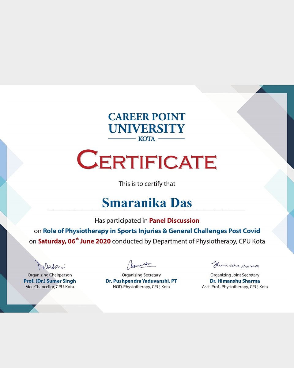 Smaranika_22's tweet photo. Completed the webinar 'Role of physiotherapy in sports injuries & General Challenges Post Covid' by @careerpointltd . Thank you Dr #SumerSingh , Dr #Pushpendra & #DrHimanshu
#COVID19 #CoronaVirus #CoronaVirusOutbreak #StayHome #UpSkillPT #CuramosHealthcare #StayHomeandLearn https://t.co/qGl8QQ74xJ