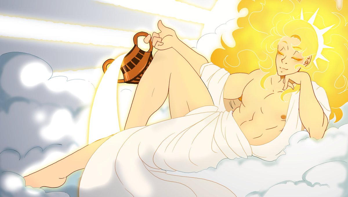 Semienigma's tweet photo. I did this to celebrate the summer solstice but realized I'm actually a day late XD I hope Helios can forgive me. All I could think while drawing this was "Hello Sunshine" XD halp me.
#helios #greekgods #originalart #skygod #notapollo https://t.co/CXdQ8wsMH9