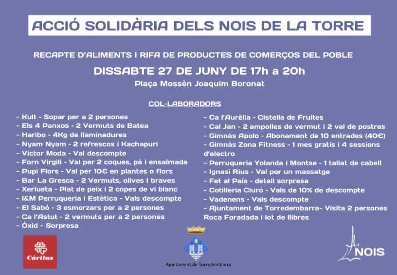 nois1975's tweet photo. Acció solidària dels Nois

🗓27/06/20
📍Plaça de les Monges

Paradeta per vendre productes de la colla i rifa d'una panera amb productes dels comerços de Torredembarra.

🔴Els beneficis recaptats de l'esdeveniment s'invertiran en la compra de productes  a Càritas! #Torredembarra https://t.co/BPcxazkWYq