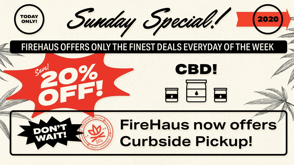 firehausla's tweet photo. Chill out! CBD at FireHaus is 20% off today.

https://t.co/jaovhe3ySs

#CannabisDeals #WeedDeals #WeedSpecials #CraftCannabis https://t.co/uH4DKw4jcV
