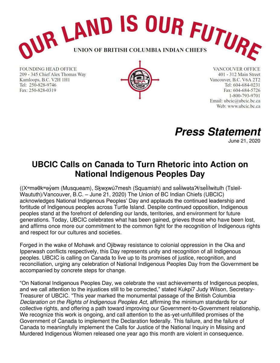 UBCIC's tweet photo. UBCIC Calls on Canada to Turn Rhetoric into Action on National Indigenous Peoples Day: “On National Indigenous Peoples Day, we celebrate the vast achievements of Indigenous peoples, and we call attention to the injustices still to be corrected,”  https://t.co/f9BlShRS7t https://t.co/YmBEYpvNl3