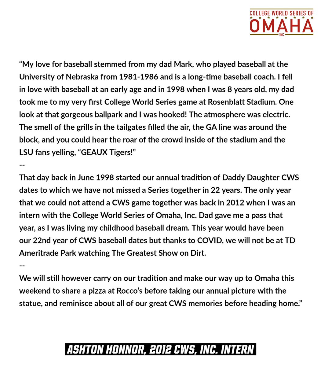 CWSOmaha's tweet photo. ⚾️ 𝟮𝟬𝟮𝟬 𝗖𝗪𝗦 𝗦𝘁𝗿𝗲𝘁𝗰𝗵: 𝘚𝘵𝘰𝘳𝘪𝘦𝘴 𝘧𝘳𝘰𝘮 𝘍𝘢𝘯𝘴 ⚾️
Next up: Ashton Honnor shares her annual tradition of attending a #CWS game with her dad.
#CWSatHome | #HappyFathersDay https://t.co/ksaXHPLRxo