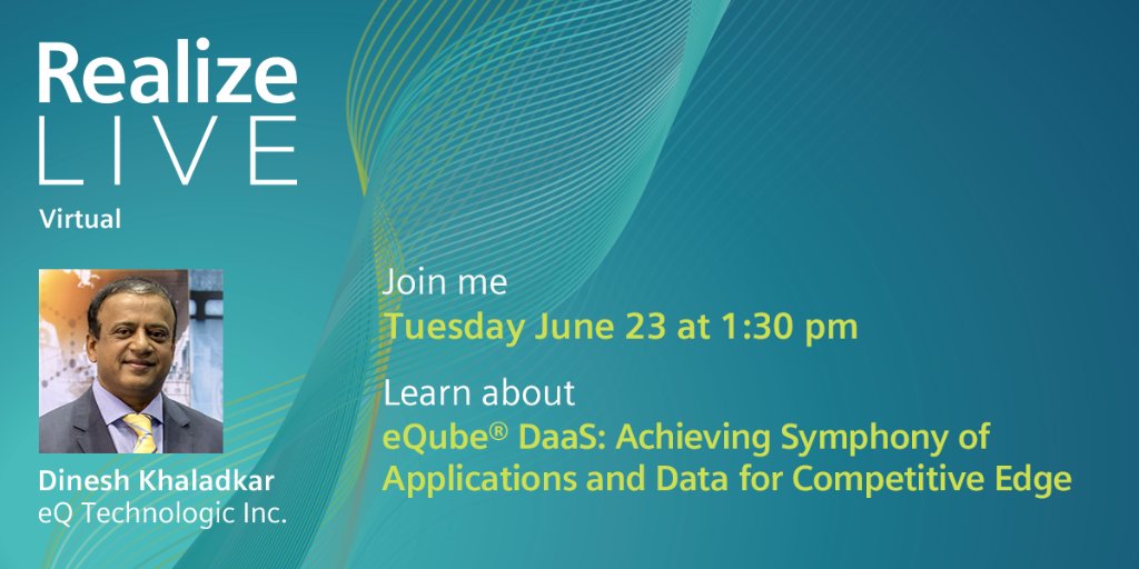 siemenssoftware's tweet photo. #eQTechnologic will be at #RealizeLIVE, will you? Check out their presentation ‘Achieving Symphony of Applications & Data for Competitive Edge’ on Tuesday June 23 at 1:30PM. Details & registration: https://t.co/nUFB6HttGZ https://t.co/AQpzkvhMJ6