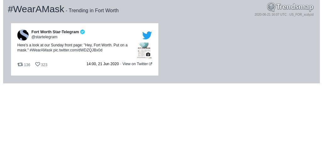 TrendsFortWorth's tweet photo. #wearamask is now trending in #FortWorth

https://t.co/iMSl56OW3j https://t.co/xC1sGdmHH3