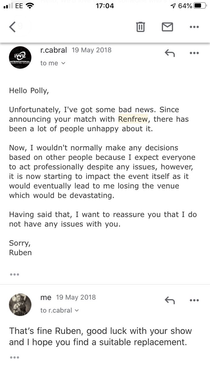GothicLolly's tweet photo. In regards to what Will said about never blacklisting anyone. The promotion contacted me, asked me for an opponent, and asked for a dream match with C. Renfrew. A few hours after the graphic went up, I got this email. 
It’s the end bit which got me. https://t.co/lk0zrJqZs8