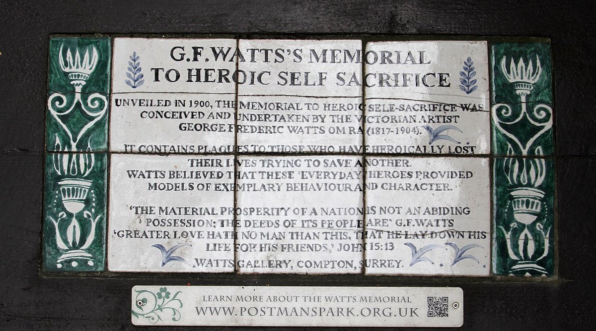 (5/11) On 30 July 1900, the 50 foot long wall with space for 120 ceramic plaques was unveiled to the public. Watts, who was then 83 years old, was too ill to attend the ceremony. He died 4 years later.