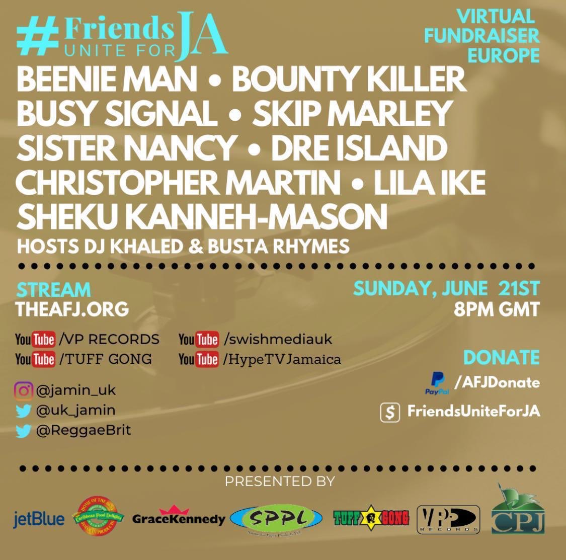 AFJcares's tweet photo. *Sound the Alarm*🚨
Join us *TODAY* Sunday 21st June 8pm GMT 2pm 🇯🇲 for the #FriendsUniteForJA - Benefit Fundraiser hosted by Busta Rhymes & Dj Khaled with aims to raise funds to help communities impacted by the COVID-19 pandemic in JA. Donate https://t.co/bqnZhnpaBa https://t.co/IgoKvEtJdN