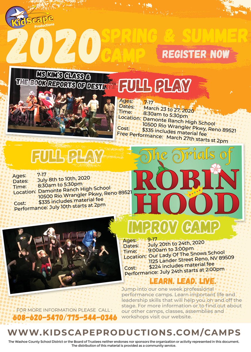 Summer Camps 2020  (Reno/Tahoe)
Registration and more info kidscapeproductions.com/our-programs/c…
Calling all kids and teens ages 6-17!
Get ready for fun, laughter, learning, and making new friends!
PLAY IN A WEEK - SHORT FORM IMPROV - LONG-FORM IMPROV!