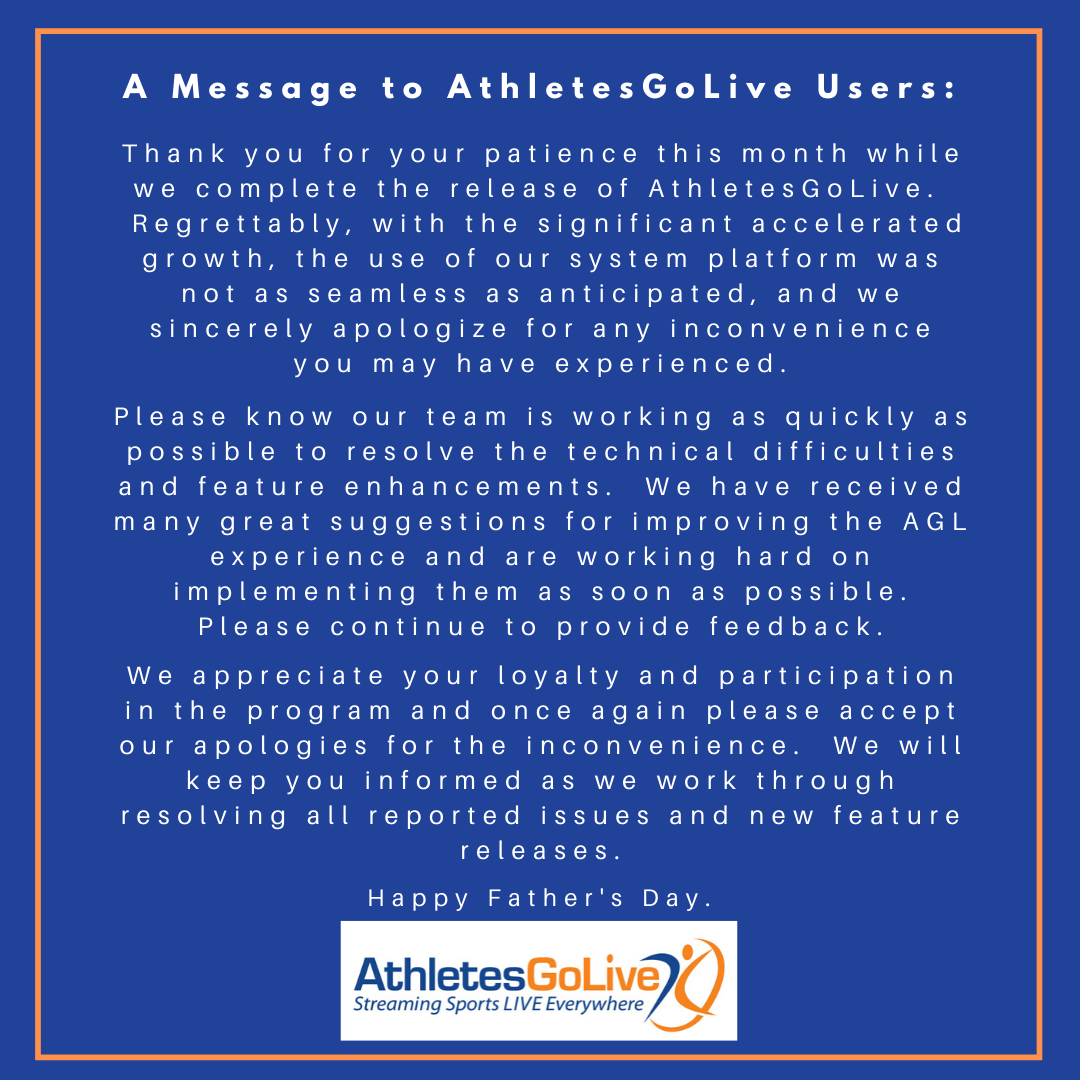 AGLSoftball's tweet photo. A message to all AthletesGoLive users. Please read. 
We greatly appreciate your support and feedback. 
#AGL #AthletesGoLive #BringingTheGameToYou https://t.co/f7KGz2KtVj