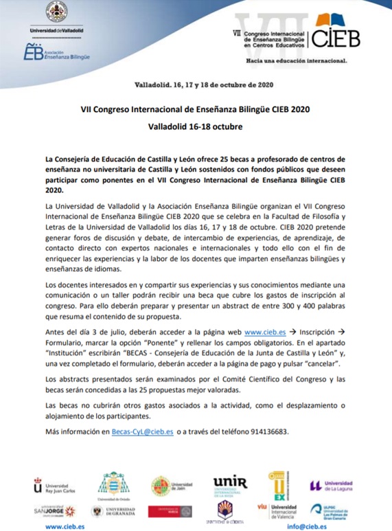 La Consejería de Educación de Castilla y León patrocina el Congreso CIEB 2020 - Valladolid
<a href="/educacyl/">Educación JCyL</a> apoya y beca a sus profesores para mejorar la calidad de su <a href="/Ens_bilingue/">Enseñanza Bilingüe</a>
cieb.es
Información en shorturl.at/uzFMX

<a href="/urjc/">URJC</a> <a href="/CentroCui/">CUI URJC</a>
<a href="/UVA_es/">Gabinete de Comunicación Universidad de Valladolid</a>
<a href="/uniovi_info/">Universidad Oviedo</a>