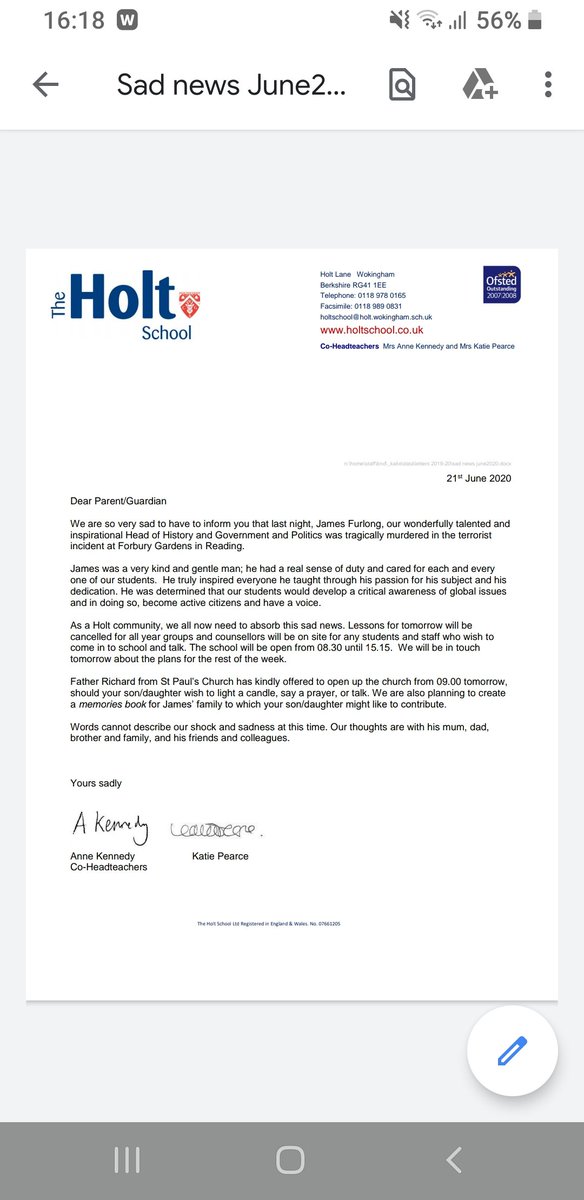 Pollthatch's tweet image. Beyond sad. My heart goes out to James Furlongs family who worked at my daughters school. Cruelly murdered in #ForburyGardens What world are we living in? #terrorism #terroristattack