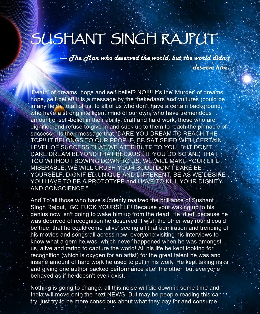 ajay36mittal's tweet photo. You will always remain part of this universe in some way, #SushantSinghRajput!! My only wish now is that you get justice,only than you will get peace! 😢 #RIPSushantSinghRajput #JusticeForSushantSinghRajput #CBIEnquiryForSushantSinghRajput https://t.co/aEfMbTn5MK
