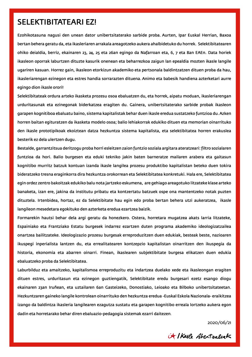 IASozialista's tweet photo. 📄Hurrengo astean Selektibitatea egingo dute Nafarroan eta beranduago EAEn. Sistema kapitalistak behar duen ikasle eredua sustatzeko funtzioa duen ebaluazio froga honen aurrean elkarretaratzeak burutuko ditugu.

Selektibitateari ez!
Adi deialdiei!

🔗https://t.co/G04aw2e2mC https://t.co/RzpKGlawcc