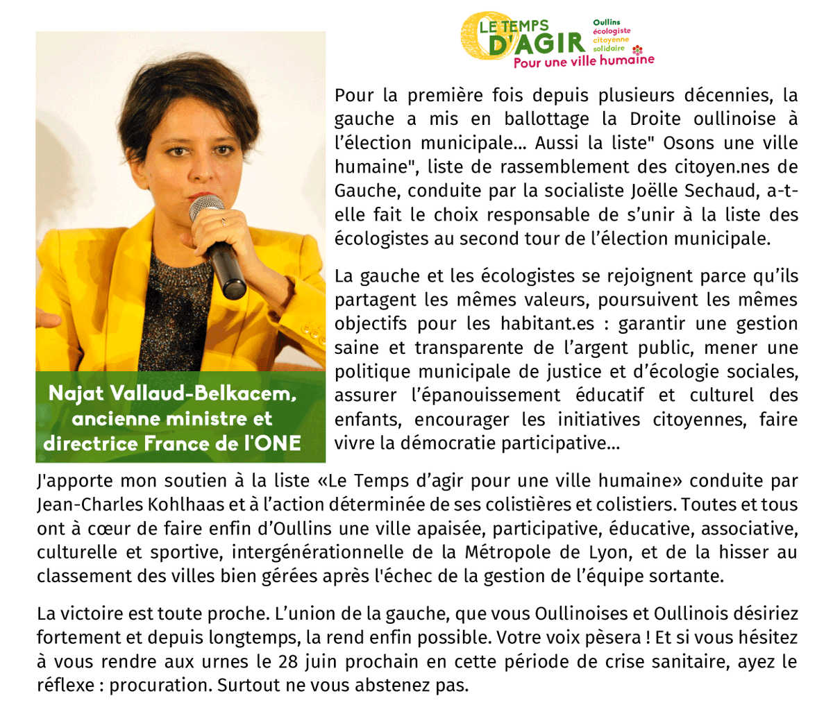 AgirOullins's tweet photo. Un grand merci à @najatvb, ancienne ministre et directrice de @ONE_Fr, pour son soutien💚!
"J'apporte mon soutien à la liste #LeTempsDAgir #Pr1VilleHumaine conduite par @JCKohlhaas et à l’action déterminée de ses colistiers. La victoire est toute proche" #Municipales2020 #Oullins https://t.co/ub1sIj8Q6j