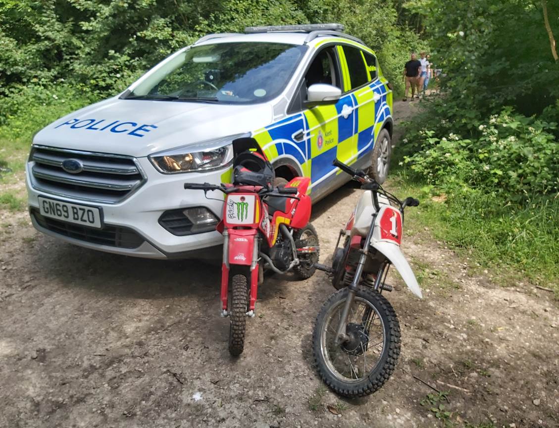 KentPoliceMed's tweet photo. #CSU officers have been out in our rural areas today on #OpForeland targeting those who ride dangerously and illegally. Here's 2 more seized bikes. More operations are planned in the coming weeks.
#ridelegal
#ridesafe
#Section59
#OpForeland https://t.co/mEg3my8dsy