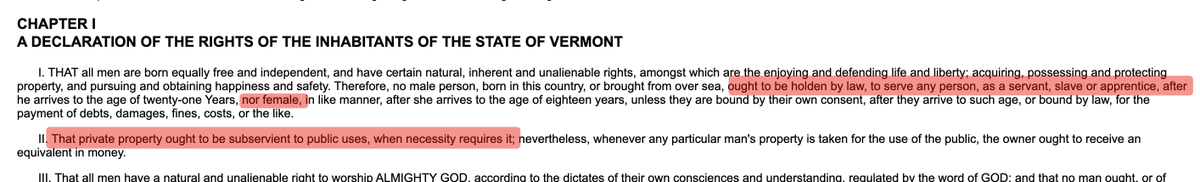 The Vermont constitution from 1777 banned slavery.