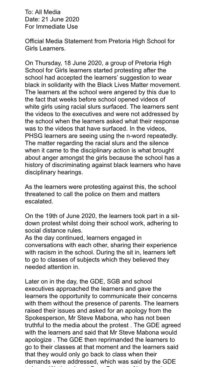 GAfter2016's tweet photo. Good Evening, the attached serves as an OFFICIAL STATEMENT by the Pupils of Pretoria High School For Girls , to all Media Houses for Immediate use. @Radio702 @TimesLIVE @RekordNewspaper @eNCA @Newzroom405 @News24 @SowetanLIVE @SAfmnews https://t.co/cy0Y7WYvGG