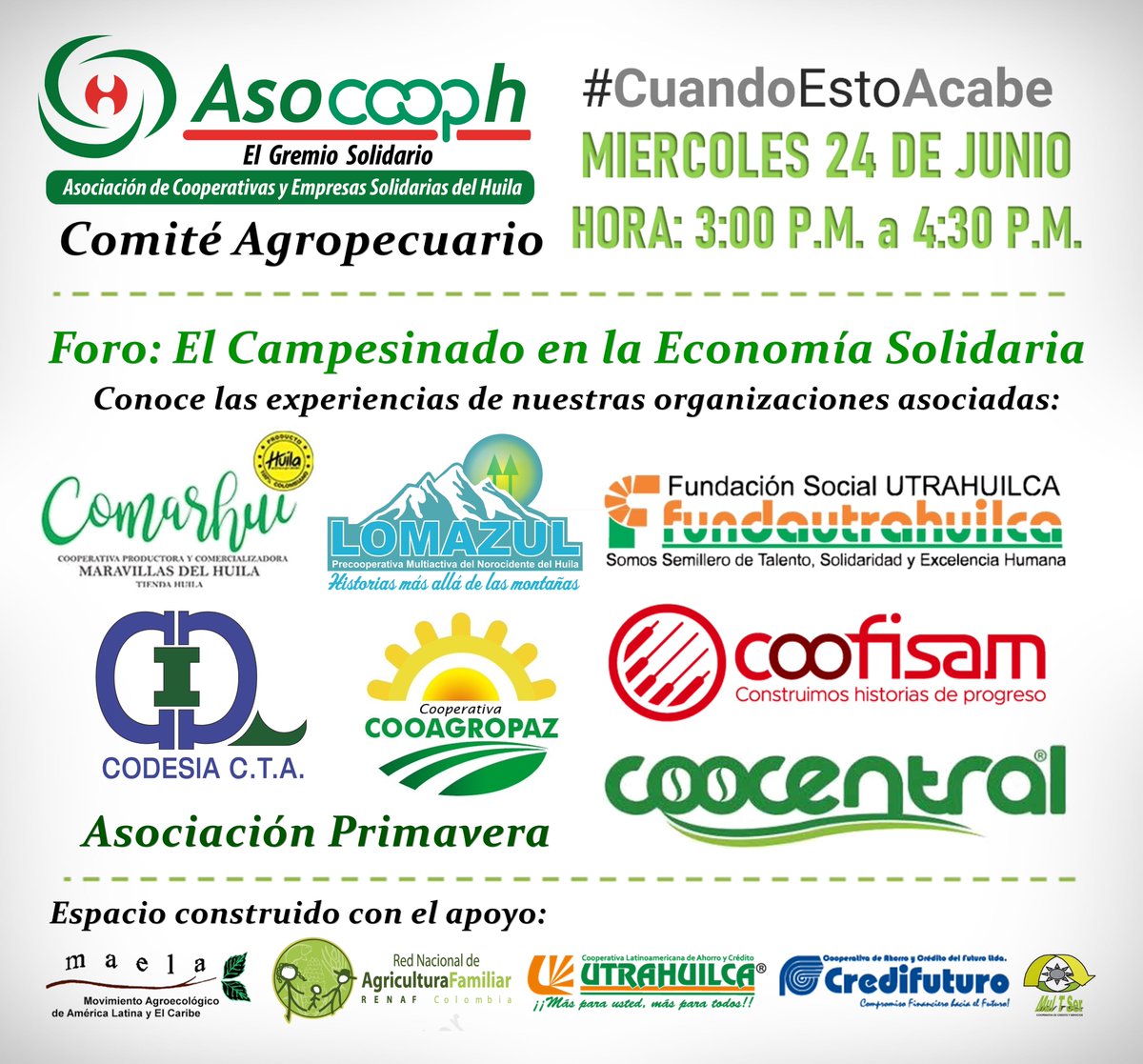 Asocooph's tweet photo. El Comité Agropecuario de #Asocooph
Invita al #ForoSolidario 🐮🍎🐷🥭☕️🥑
"El Campesinado en la Economía Solidaria"
Fecha: #Miércoles 24-JUNIO / #Hora: 3:00p.m.
#HuilaTerritorioSolidario #Coop https://t.co/SmPPOg9UBs