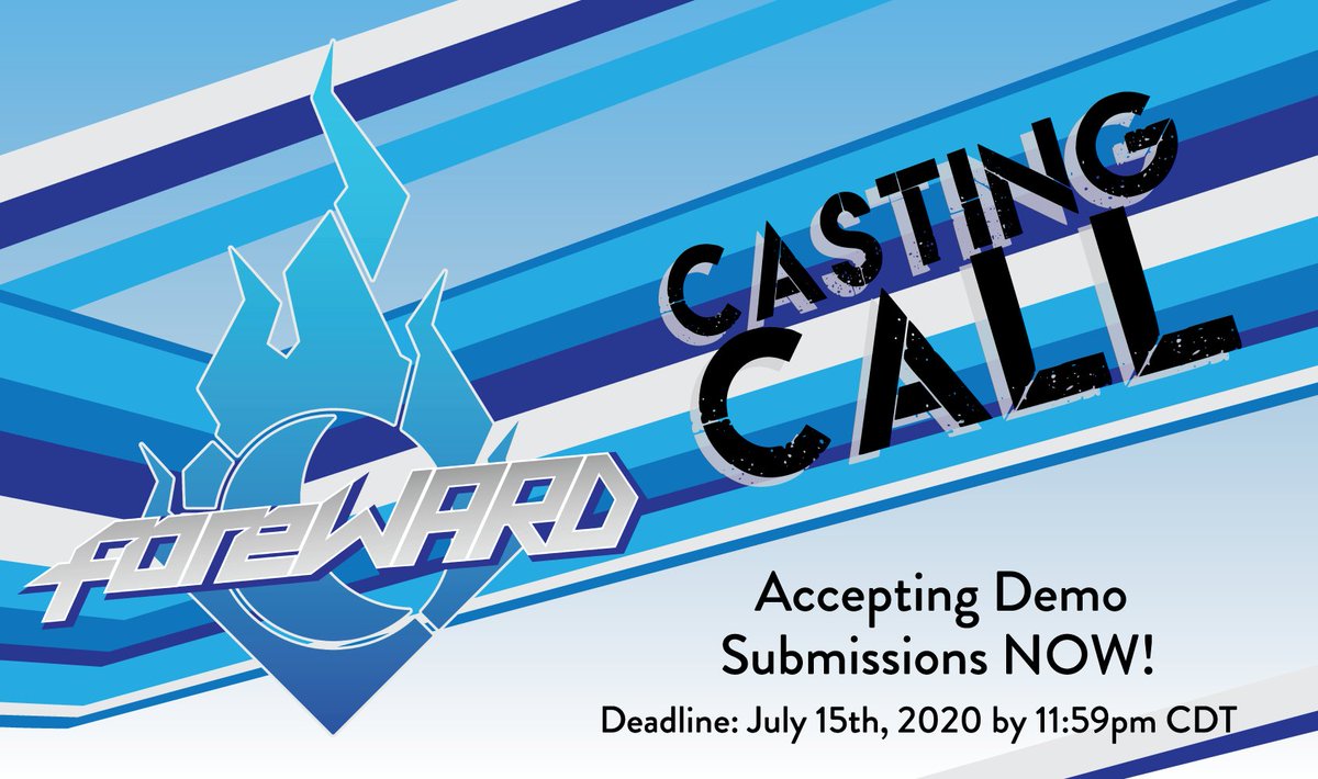 foreWARDanime's tweet photo. Calling ALL voice actors. We are accepting demo submissions for upcoming auditions for foreWARD. No replies, emails, or DMs, please.

Submission Form: https://t.co/NP88KAkadO

Deadline: July 15th, 2020 by 11:59pm CDT.

#voiceover #castingcall https://t.co/6Kkl0TfqxN