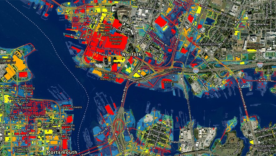 Esri's tweet photo. 2080 sea level prediction model for Norfolk and Portsmouth, Virginia. This new dataset by @NOAA and @ODU will help coastal communities better understand and plan for sea level rise.

Learn more: https://t.co/RO3exKT0qW #Flooding #GIS https://t.co/4AuY4U0P4P