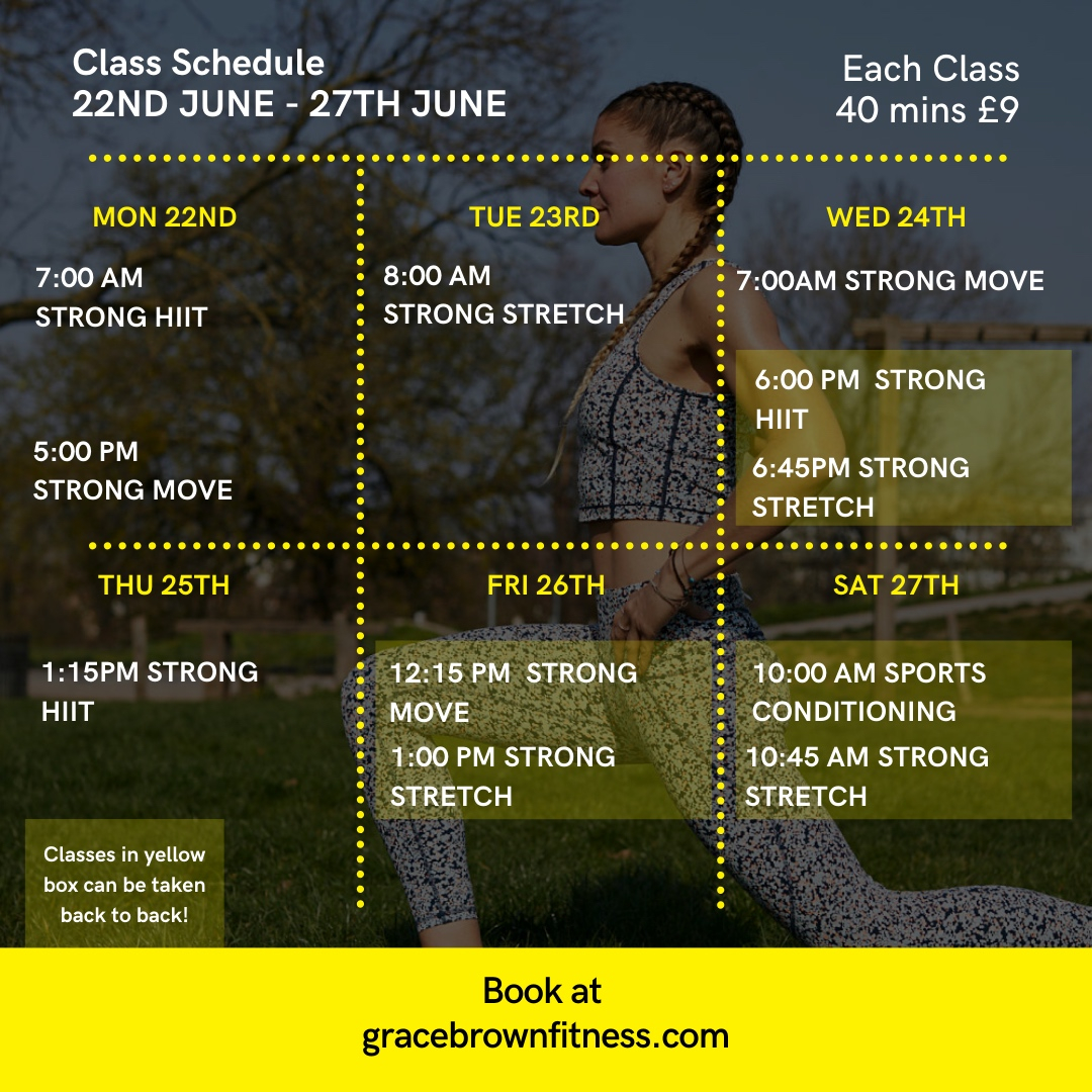 Happy Sunday! This coming weeks #class schedule. Check the link in my bio to book online. Let me know if you have any questions. Grace x #onlineclasses #onlinefitnesd #stayhome #staysafe
