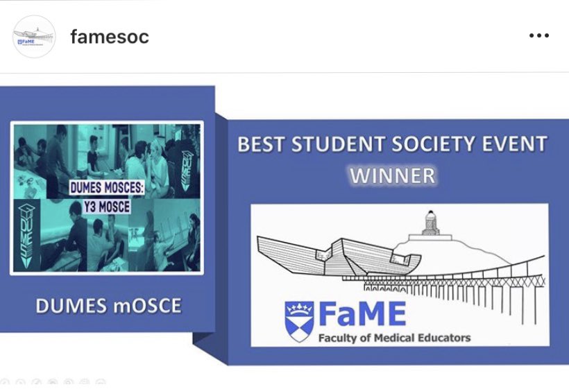 DUMedEdSoc's tweet photo. Thank you to everyone who voted! We are thrilled to have won this award! 🎉Unfortunately, after the hard work we put in to organising this years mOSCEs we weren’t able to run them due to Covid. Hopefully, we will be back bigger and better next year. Thanks again, DUMES 💙 https://t.co/Bcxi8Jdb9L
