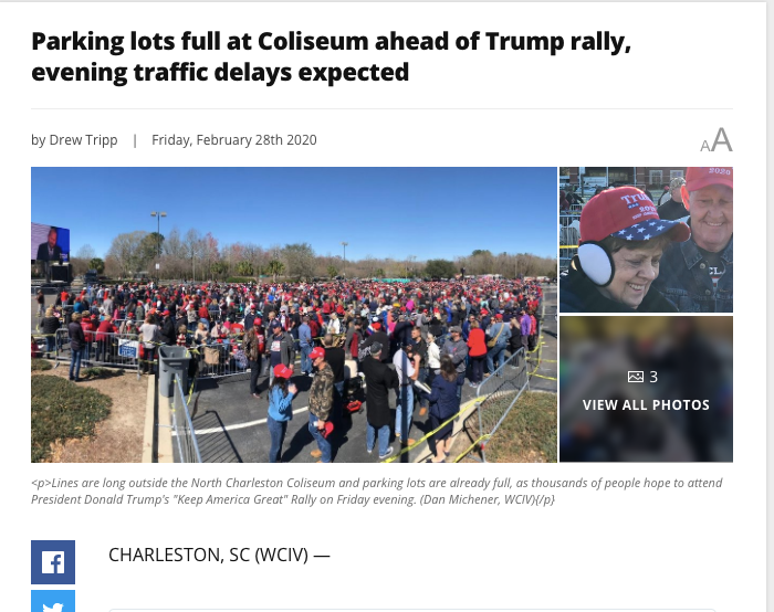 This one, that  @DonaldJTrumpJr posted, is not Tulsa. A little checking shows it's the same photo, differently cropped, from a 2018 rally in South Carolina as this original pic/article from  @ABCNews4 (which Don Jr. did not credit) shows 6/ https://abcnews4.com/news/local/parking-lots-full-north-charleston-coliseum-president-trump-rally-rolling-road-closures-coming