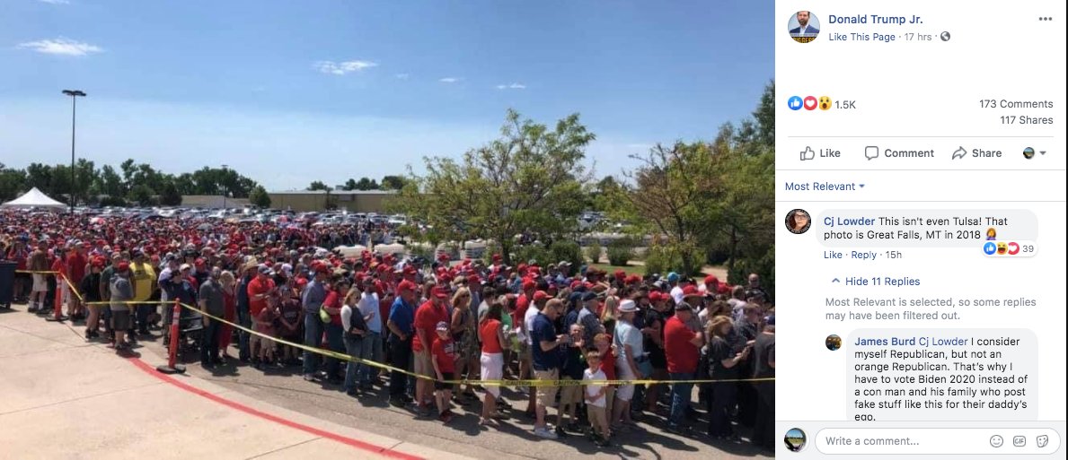 Next up is this photo that  @DonaldJTrumpJr posted. Again not Tulsa. As commenters in his own Facebook comments note, it's from another 2018 rally, this time in Great Falls, MT. This one was taken, without credit again from  @mtpublicradio 7/ https://www.mtpr.org/post/president-trump-rallies-supporters-great-falls