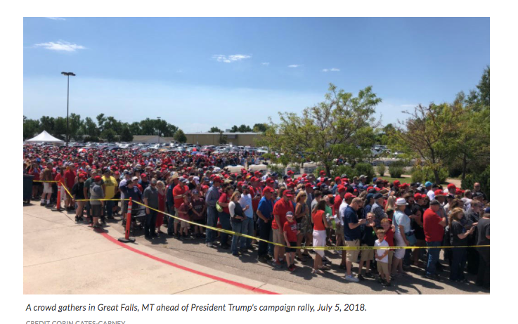 Next up is this photo that  @DonaldJTrumpJr posted. Again not Tulsa. As commenters in his own Facebook comments note, it's from another 2018 rally, this time in Great Falls, MT. This one was taken, without credit again from  @mtpublicradio 7/ https://www.mtpr.org/post/president-trump-rallies-supporters-great-falls