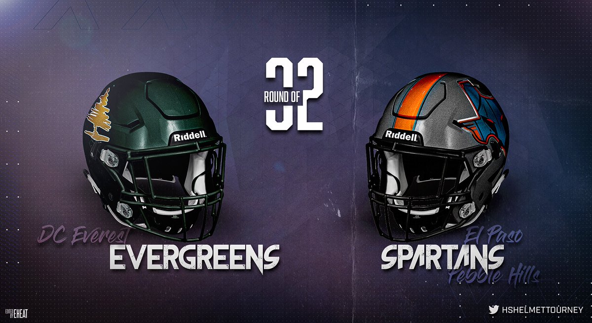hshelmettourney's tweet photo. Round of 32-Region 4

DC Everest Evergreens (State Champion, Wisconsin) @DCE_football

🆚

El Paso Pebble Hills (State Champion, Texas) @pebblehhs_fb https://t.co/Elf3LJojrR