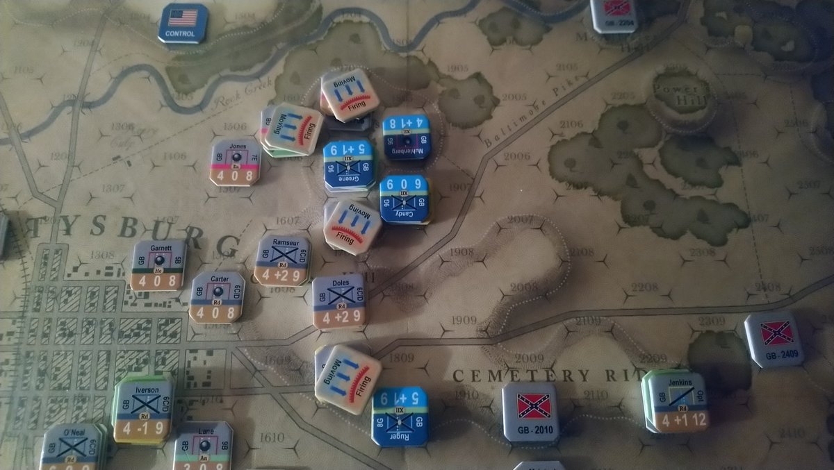 SanchoMateos's tweet photo. Tras once turnos cae la primera noche en Gettysburg... Y la mañana traerá una gran victoria confederada!!. Los rebeldes lograron ocupar casi todos sus objetivos en Cementery hill y de paso aniquilaron al I y XI cuerpos Federales...#wargames #compasgames #battlehymn https://t.co/RXS03x1ZKC