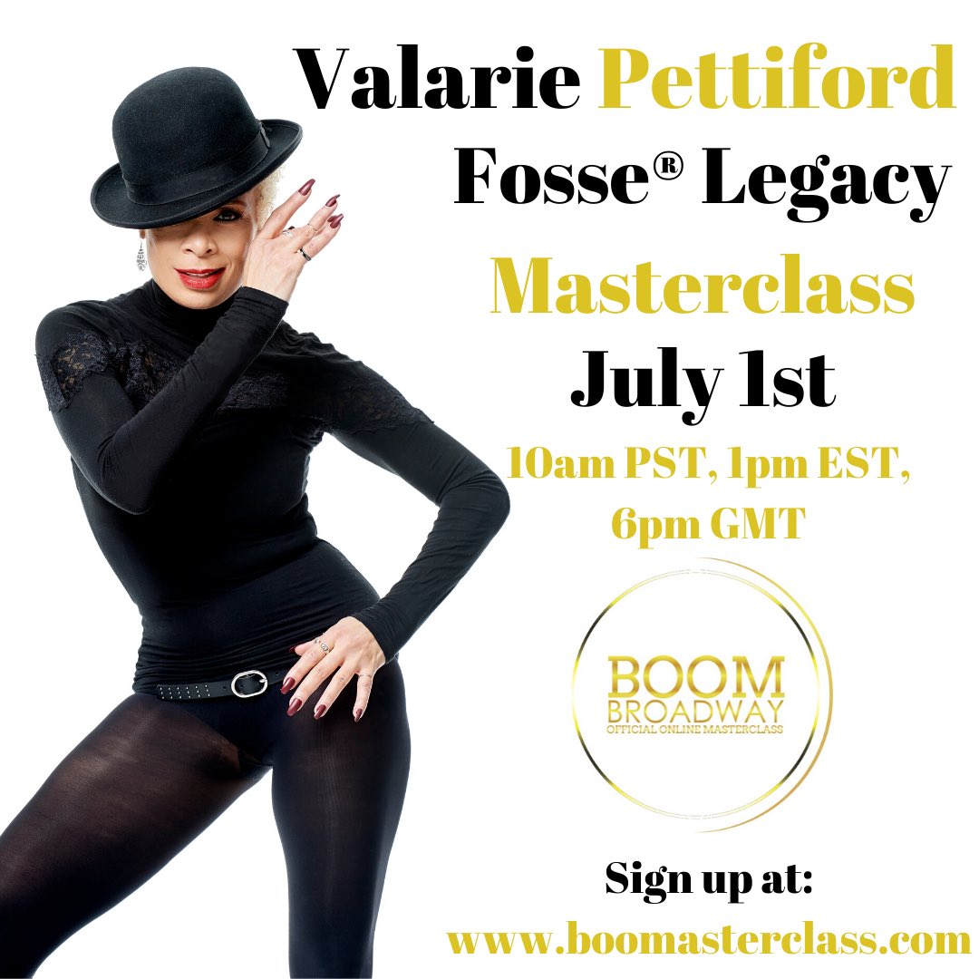 ⭐️The @valariepettiford is teaching July 1st Fosse®️ legacy Masterclass. 
1pm EST, 6pm GMT. Come dance! 
.
She will be teaching ‘I Gotcha’ from Liza with a Z. 
boomasterclass.com/live-events/

@verdonfosselegacy #fosse #bobfosse #dance #jazz #style #instagram #broadway #july #masterclass