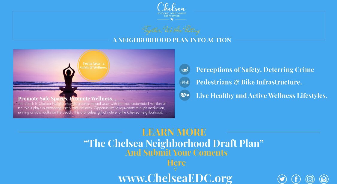Here’s another Focus Area from the Chelsea Neighborhood Plan! Promoting Safety and Wellness 💪🏻🧘🏽‍♀️ is one of our priority. Let us know your ideas of how to achieve this goal by submitting your comments on our draft. ⭐️🌊
•
•
•
#ChelseaEDC #chelseaneighborhood #atlanticcity