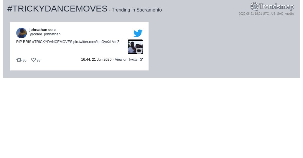 TrendsSacto's tweet photo. #trickydancemoves is now trending in #Sacramento

https://t.co/KvaWwZZK2C https://t.co/b6kbKM2RrS