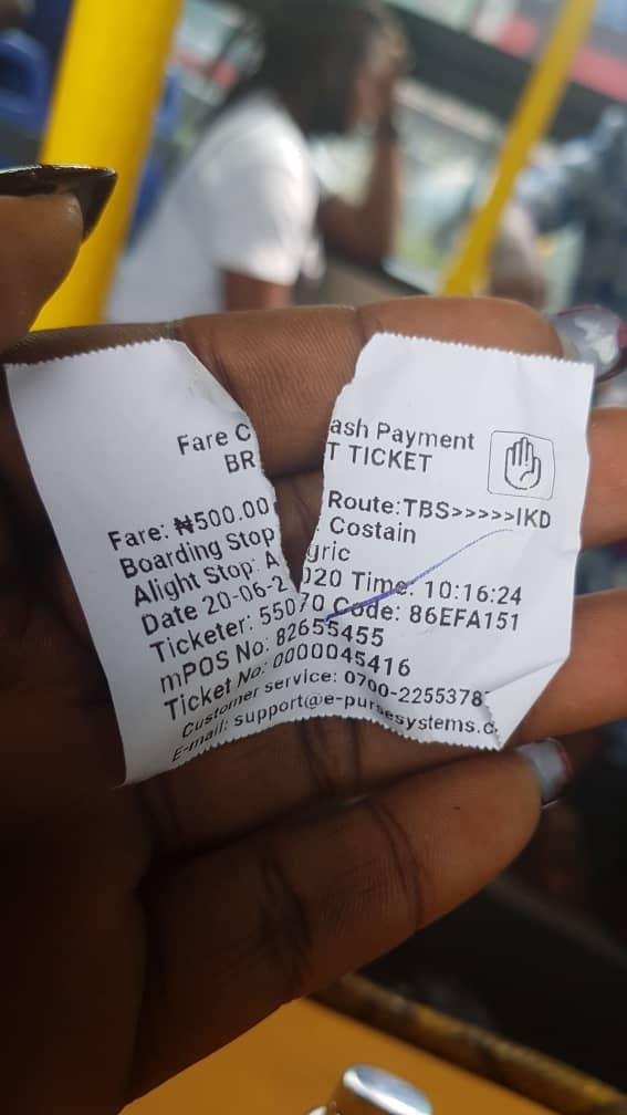 An example is the Costain-Ikorodu route, which hitherto was N250 has been hiked to N500 (to accommodate 60% capacity), but has been operating has full capacity. A sample ticket as at yesterday and a picture of the fully loaded bus is shown here. EVEN WITH STANDING!