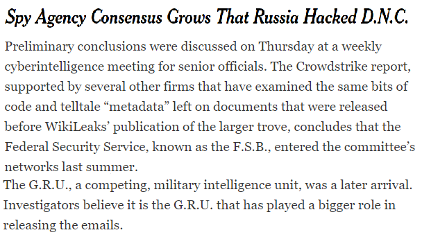 9/ The first paragraph reports that the John Brenn, oops, I mean the USIC has "high confidence" that Russia hacked the DNC. Further into the piece, the author's detail the conclusions discussed at the Thursday (July 21, 2016) meeting.