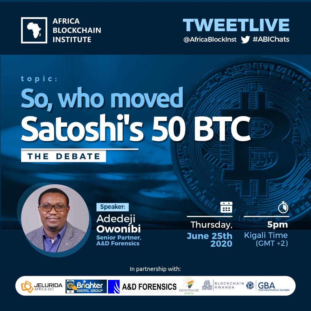 AfricaBlockInst's tweet photo. Exciting times!

This Month at #ABIChat we will be receiving Mr. @Adexdeji, Senior Partner at @ForensicsD, #Africa 1st #Blockchain Intelligence Consulting Firm, now in recent partnership with #ChainAnalysis. He will be speaking on: "So, Who Moved #Satoshi's 50 #BTC." https://t.co/YZIO8o2UNe