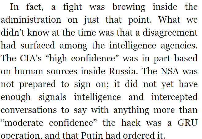 11/ In his book “A Perfect Weapon,” David Sanger explains that “The CIA’s “high confidence” was in part based on human sources inside Russia." Meanwhile, the NSA at best had "moderate confidence" that Russian agencies were responsible for the hacks.
