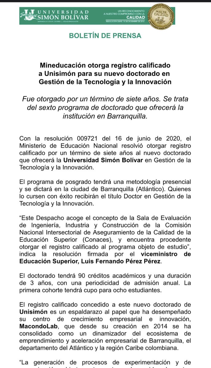 #DestacadoUnisimón | Mineducación otorga registro calificado a #Unisimón para su nuevo doctorado en Gestión de la Tecnología y la Innovación. 
Ya con este serían 7 doctorados con el sello de alta calidad de #Unisimón.