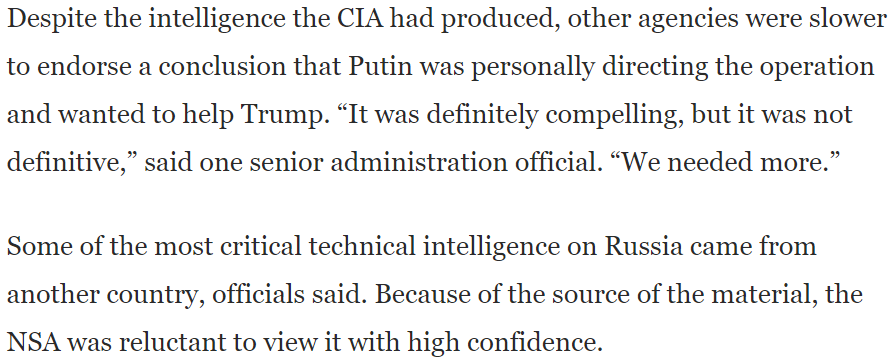 13/ In that piece, the authors report that “Some of the most critical technical intelligence on Russia came from another country . . . (and) because of the source of the material, the NSA was reluctant to view it with high confidence.”