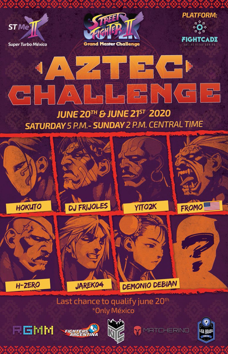 Aztec Challenge will be starting in about 30 mins, featuring the best Super Turbo players in Mexico, and special guest @FROMOSEXUAL! Don't miss it!

We also have Matcherino pot for the winner! matcherino.com/tournaments/30…

Stream courtesy of <a href="/nycfurby/">fgcOS 480hz Reactions Sabin</a>
twitch.tv/nycfurby