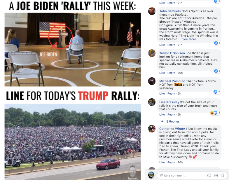 Then there is this Facebook post that  @DonaldJTrumpJr put up earlier Saturday comparing an out-of-context  @JoeBiden event with a picture of a HUGE crowd under the words "Line for Today's Trump Rally" https://www.facebook.com/DonaldJTrumpJr/photos/a.300688906622544/3424635850894485/?type=3&theater10/