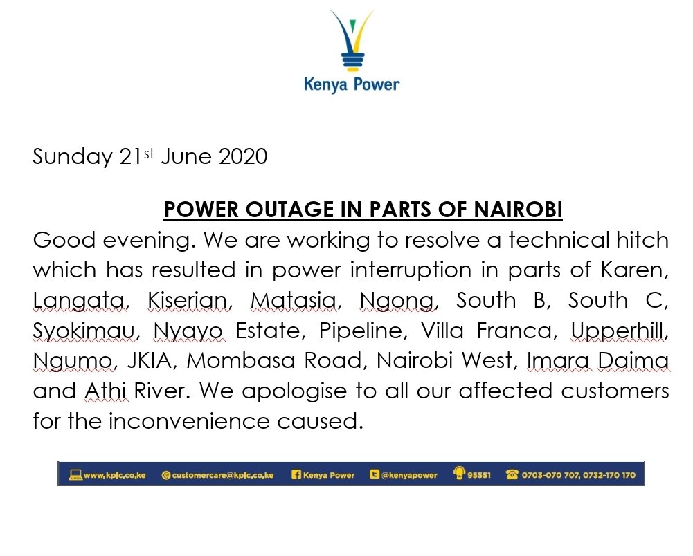The Kenya Power Lighting Company Plc On Twitter Power Outage In Parts Of Nairobi