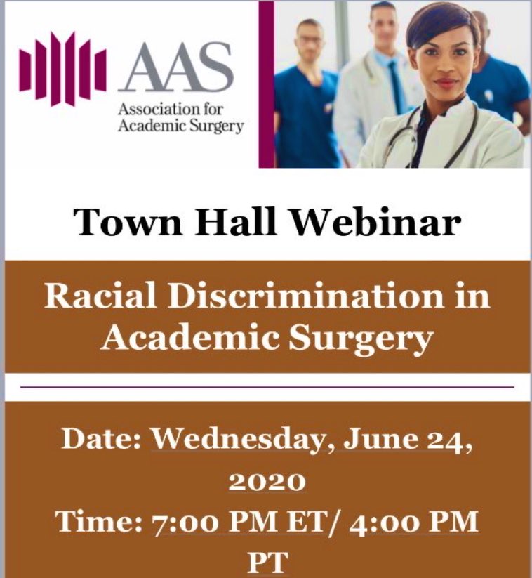 SocietyofBAS's tweet photo. 🗣THIS WEDNESDAY 6/24, 7pm est, Do not miss this needed @AcademicSurgery Town Hall Webinar on “Racial Discrimination in Academic Surgery”. 

Several of our SBAS members will be moderating/presenting &amp; we need YOUR input!!! 

Register Here:  https://t.co/anTdyJrk6R https://t.co/0aE9NIa5Uo