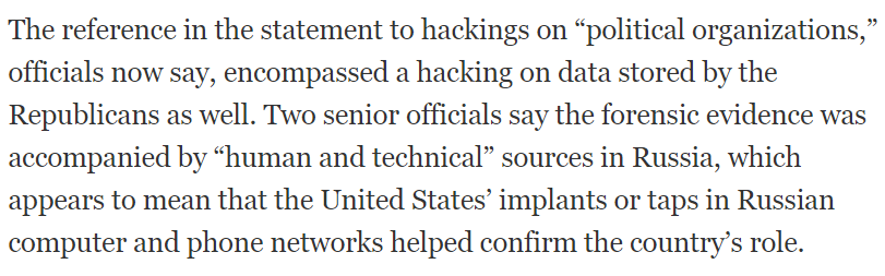 15/ Second, per a NYT piece from December 13, 2016, the IC's evidence for the RU-hacking attribution derived in part from “human and technical sources in Russia.” If the leaky officials were being truthful, then there were "technical" sources in Russia https://www.nytimes.com/2016/12/13/us/politics/russia-hack-election-dnc.html