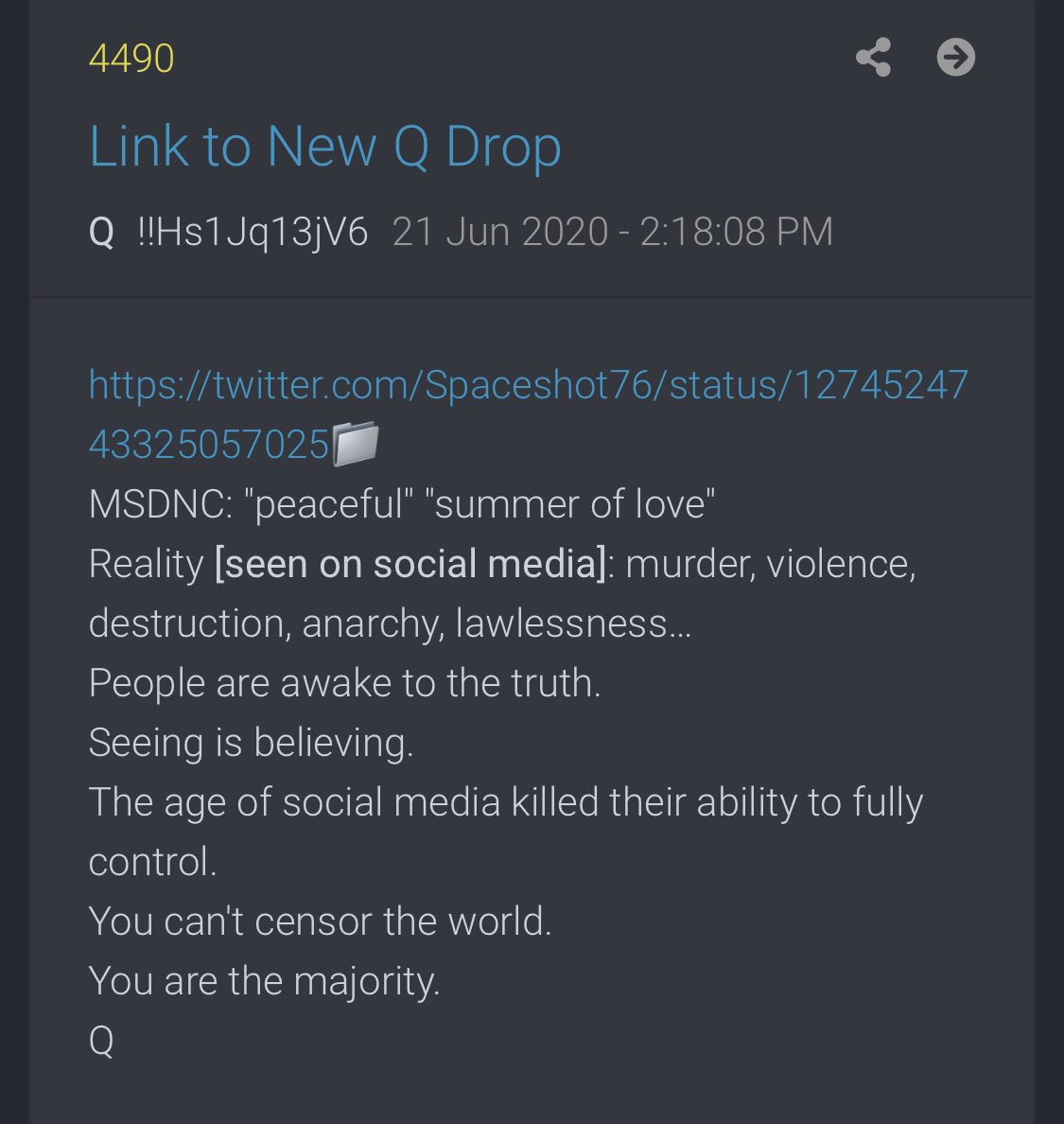  https://twitter.com/Spaceshot76/status/1274524743325057025Reality [seen on social media]: murder, violence, destruction, anarchy, lawlessness…People are awake to the truth.Seeing is believing. The age of social media killed their ability to fully control.You can't censor the world. You are the majority.Q