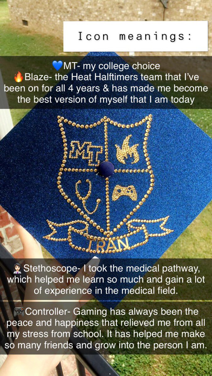 CallofGirly's tweet photo. I just finished decorating my grad cap! 🥰 Designed and created it myself!! I wanted it to be a “code of arms” with each logo representing a huge part of my high school years 💙 Plus I used the same rhinestones for my nails 😂💅🏼#goblaze #bhs2020 @bhsjustus https://t.co/Wa4KkaUiR7