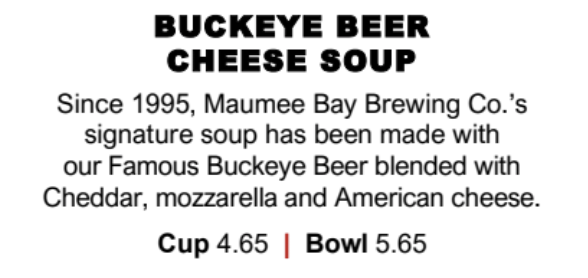 So why Toledo? I could claim Lake Erie. Or that it's the biggest city in Ohio not beginning with C. But in fact it was the Maumee Bay Brewing Co's Cheese Beer Soup. Yes. Cheese. Beer. Soup. And it was wonderful. As was the Buffalo Chicken. Thank you Toledo.