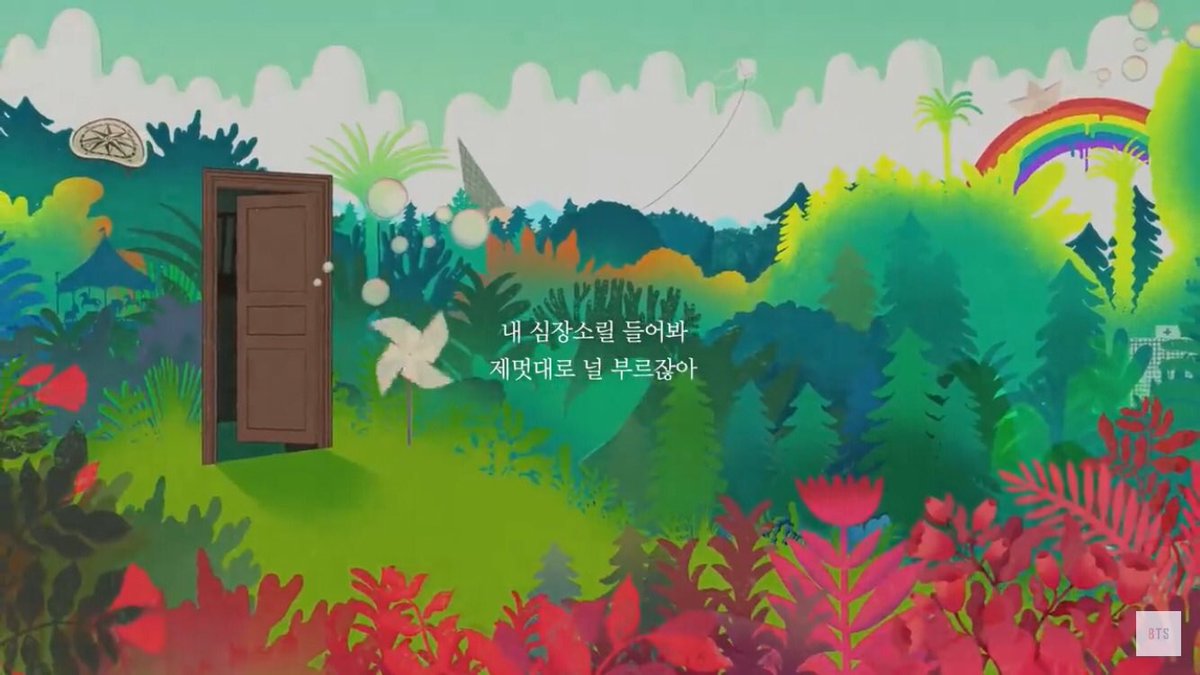 -in magic island when they were in the human world?” Well I never said they can’t be in the human world in the time mvs. This is where I get a bit wild and connect something that came out today, that’s related to BTS. This photo below is from the graphic lyrics. The door could-